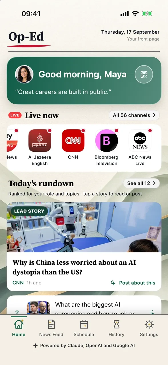 Op-Ed home screen — daily briefing